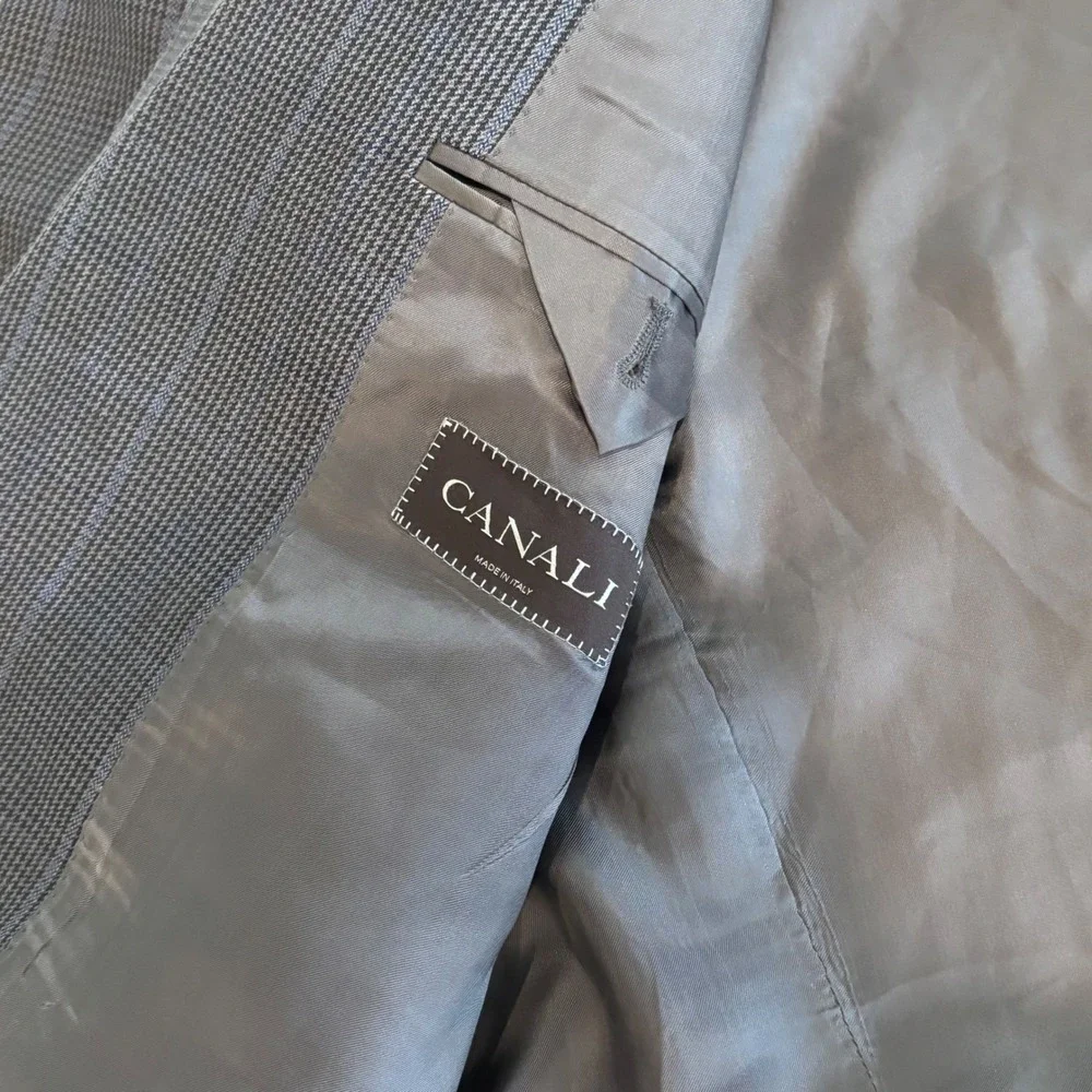 Canali Sport Coat Mens 38R‎ Grey Silk Wool Blend Micro Check Blazer Italy